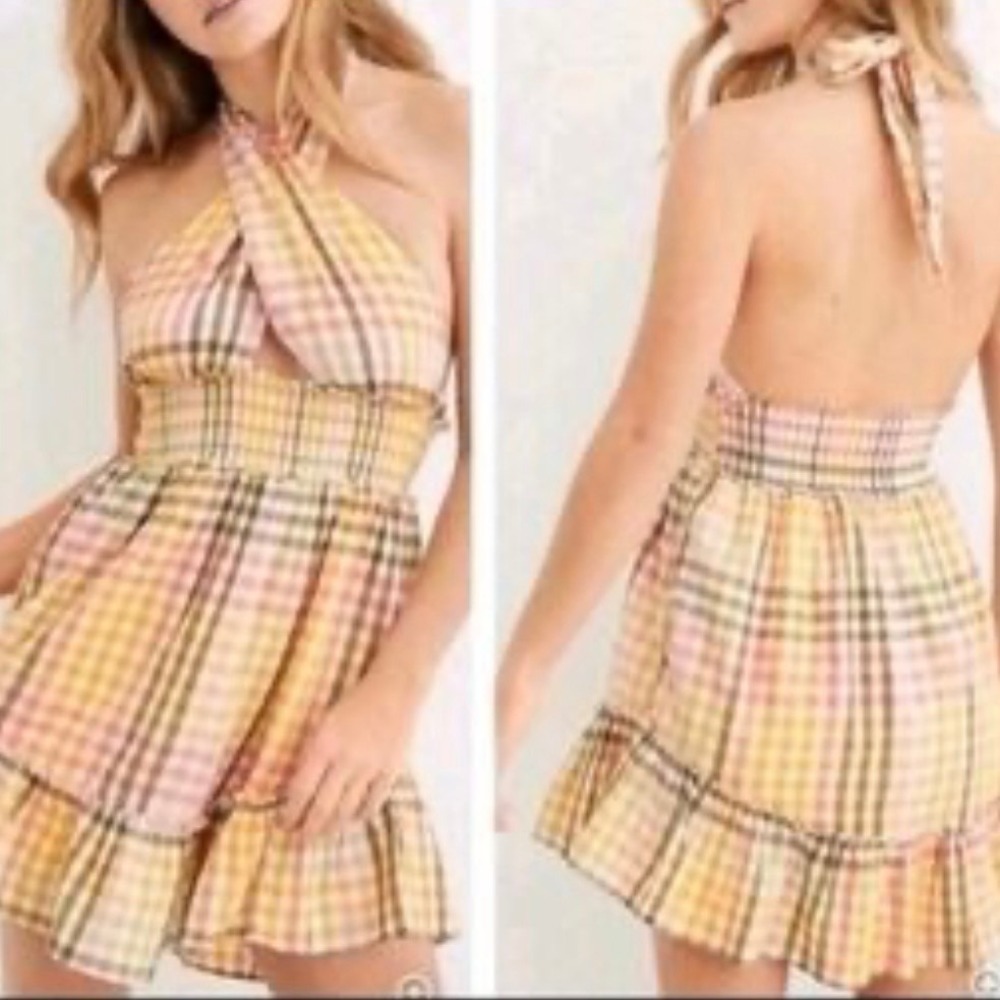 NWT Aerie Spring Fling‎ Halter Mini Dress Yellow Orange Gingham M Smocked Picnic